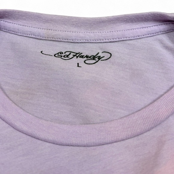 Ed Hardy Baby Tee Womens L Lavender Bird Roses Crop Top T Shirt Graphic Y2K - Picture 6 of 12